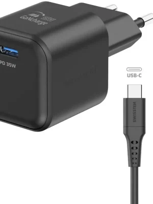Objednat Nyní SWISSTEN Síťový adaptér GaN 1x USB-C 35W PD + datový kabel USB-C/Lightning 1,2m, černý